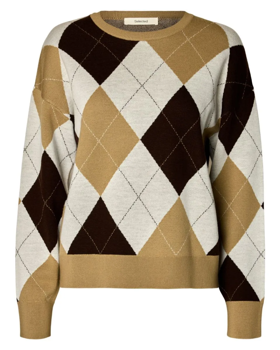 Selected Femme-SLWTHEA LS KNIT ARGYLE O-NECK-16101994-Kelp-CREME