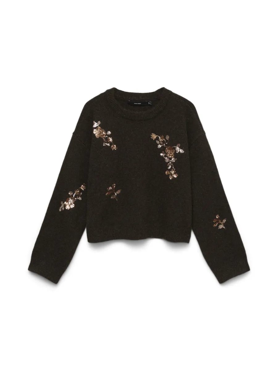 VERO MODA-VMAMELIA LS O-NECK SEQUINCE PULLOVE-10350410-Chocolate Torte-CHOCOLADE