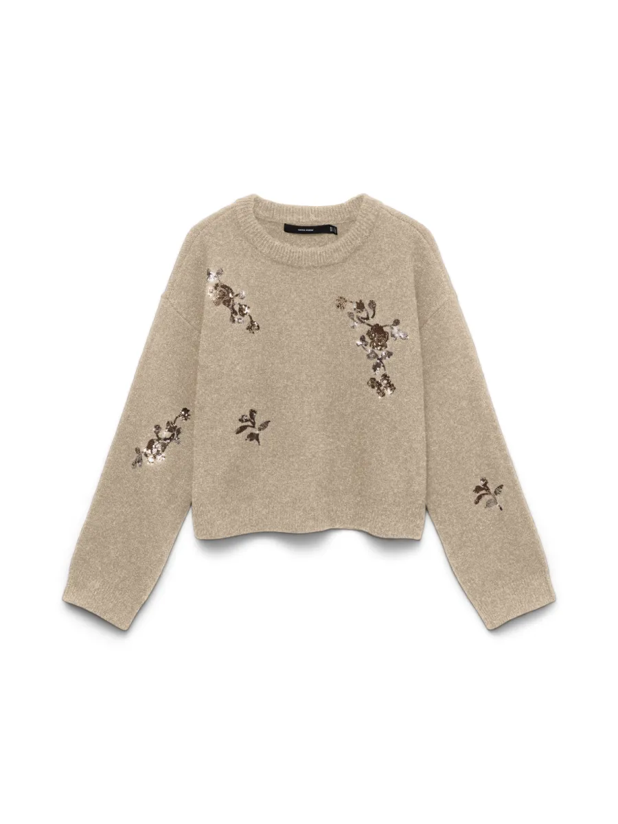VERO MODA-VMAMELIA LS O-NECK SEQUINCE PULLOVE-10350410-Silver Mink-ZAND