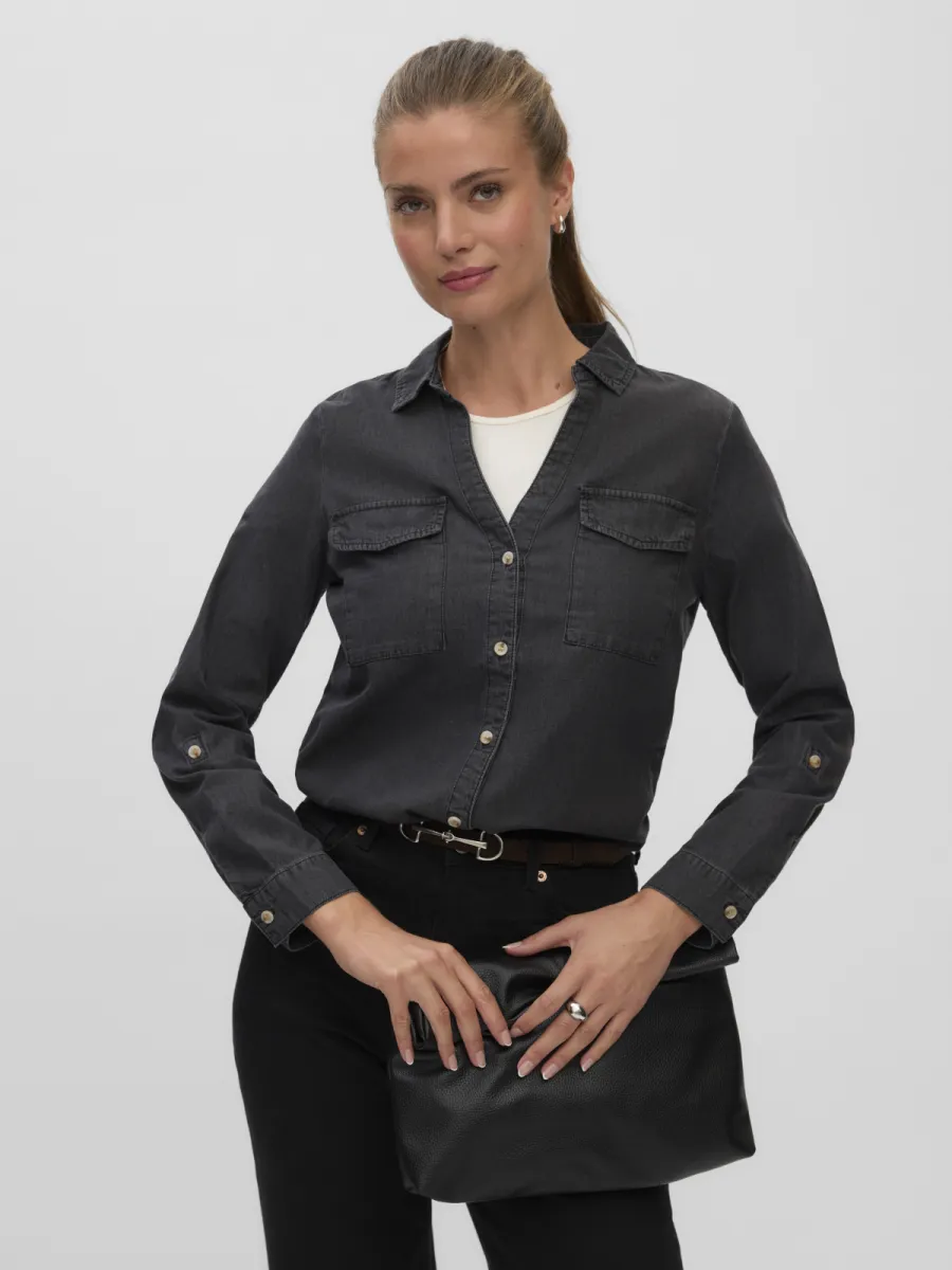VERO MODA-VMBUMPY LS LOOSE POCKET DNM SHIRT N-10352543-Black Denim-ZWART