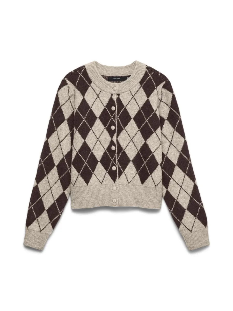 VERO MODA-VMHALO LS O-NECK ARGYLE CARDIGAN BO-10349316-Birch Patern Chocolate Torte-CREME