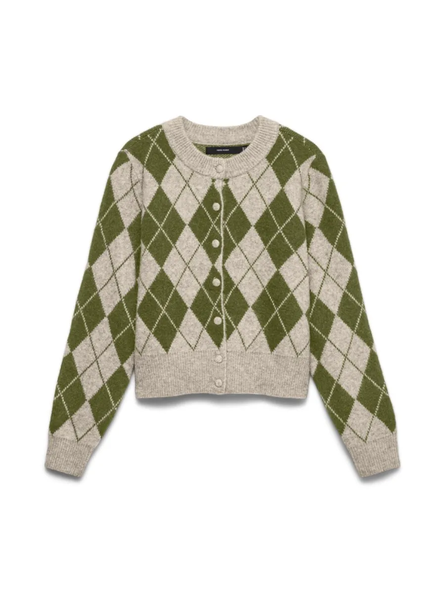 VERO MODA-VMHALO LS O-NECK ARGYLE CARDIGAN BO-10349316-Birch Pattern Sphagnum-GROEN COMBINATIES