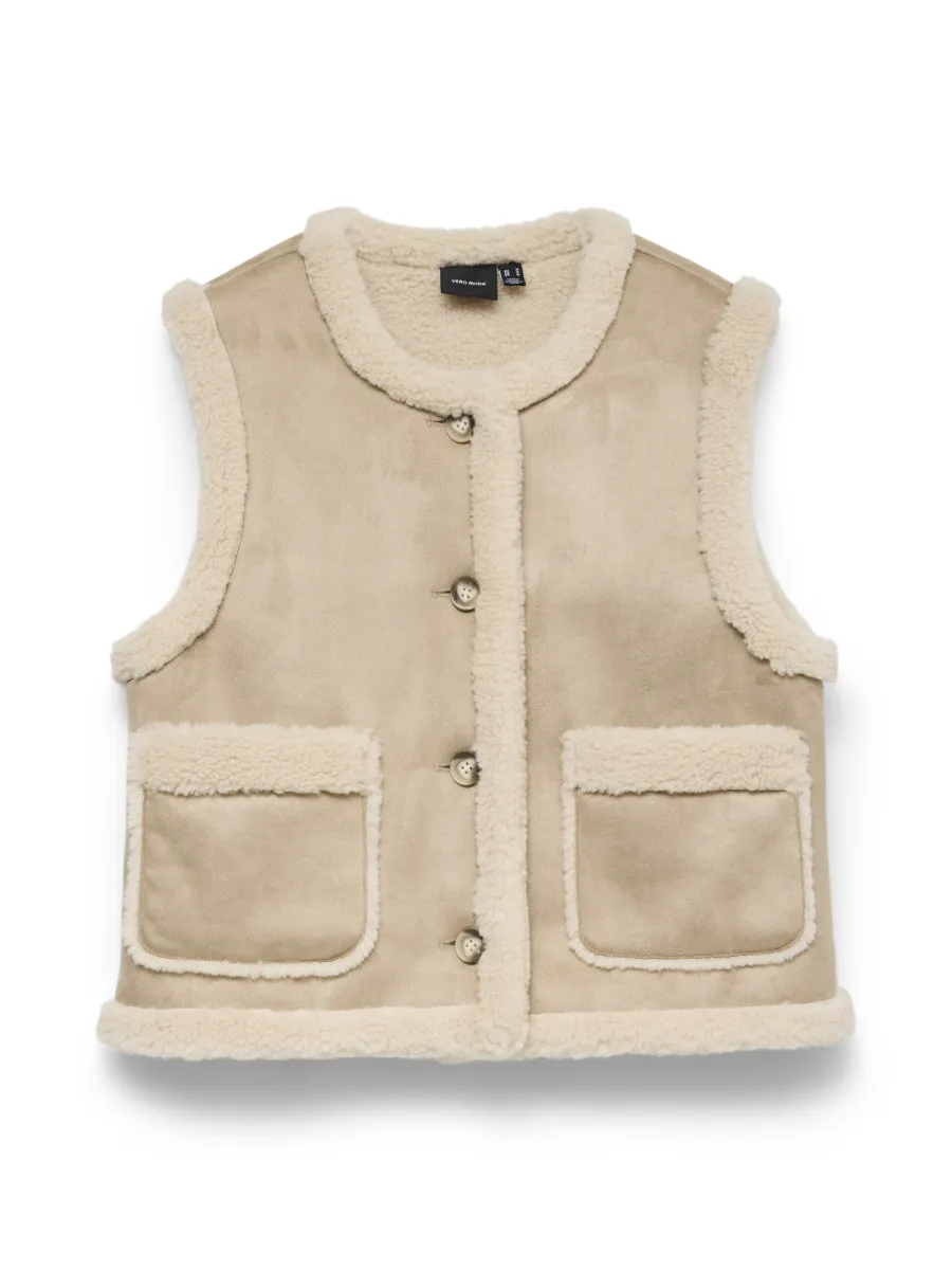 VERO MODA-VMLINA SHORT TEDDY WAISTCOAT-10350806-Silver Mink-KIT