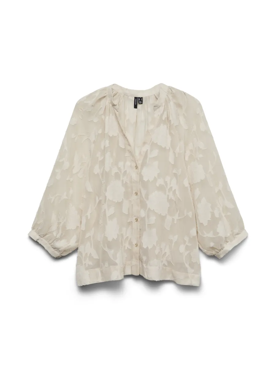 VERO MODA-VMTHURSDAY 3/4 V-NECK SHIRT WVN-10348042-Oatmeal Flower-GRIJS MELEE