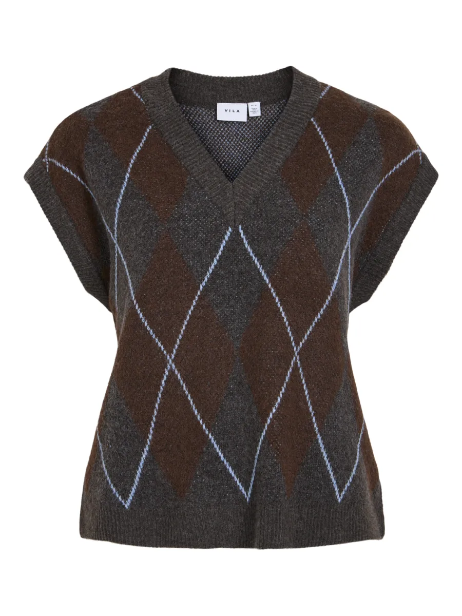 VILA-VIARGYLE S/L KNIT VEST-14119461-Dark Grey Melange-DONKER GRIJS/GRAFIET