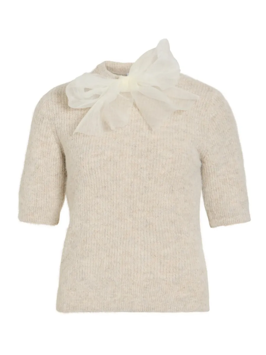 VILA-VIITZA O-NECK 2/4 BOW KNIT TOP/BFS-14116072-Super Light Natural-NATUREL