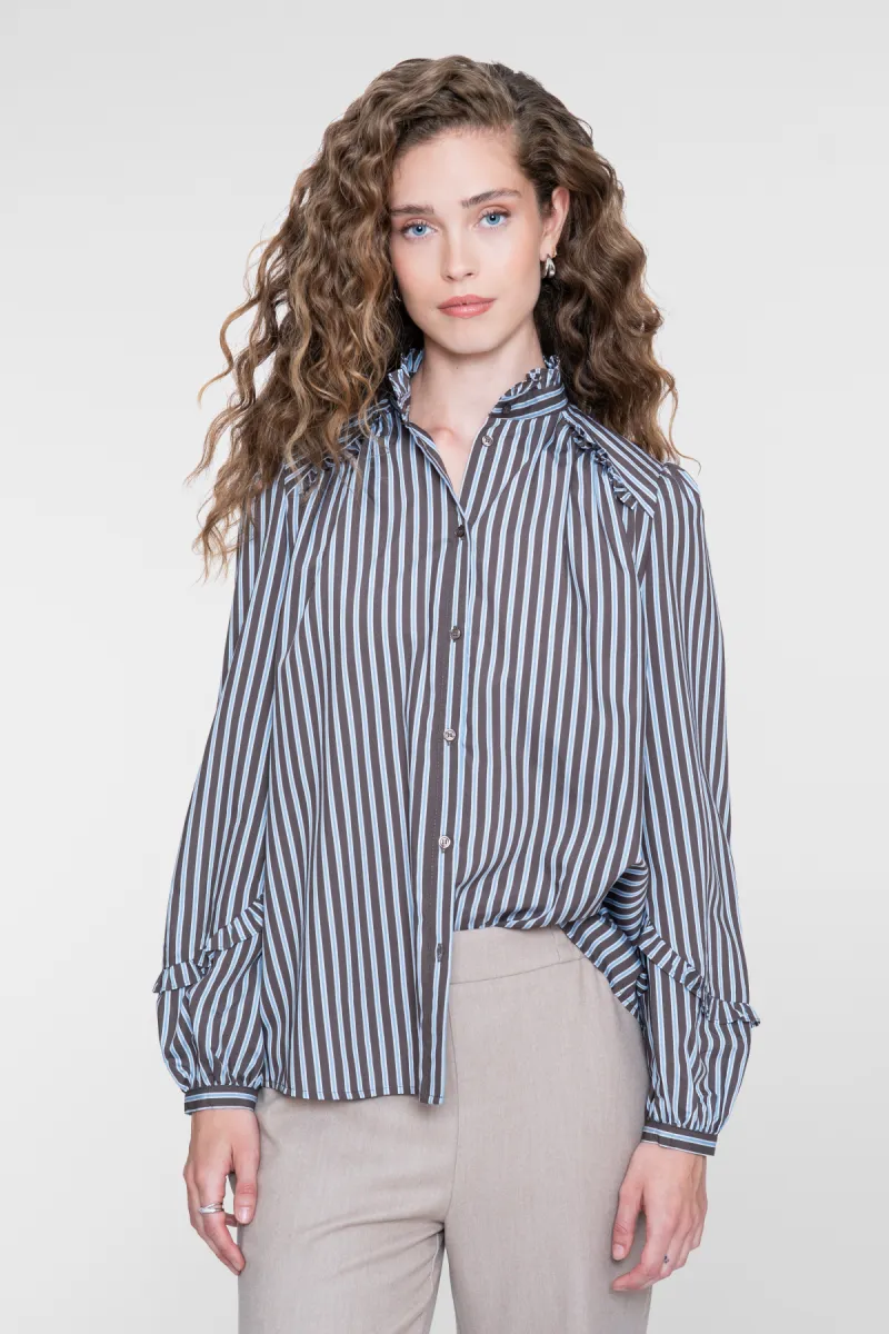 GEISHA-Blouse stripes and ruffles-63823-14-625 Blue brown-BLAUW