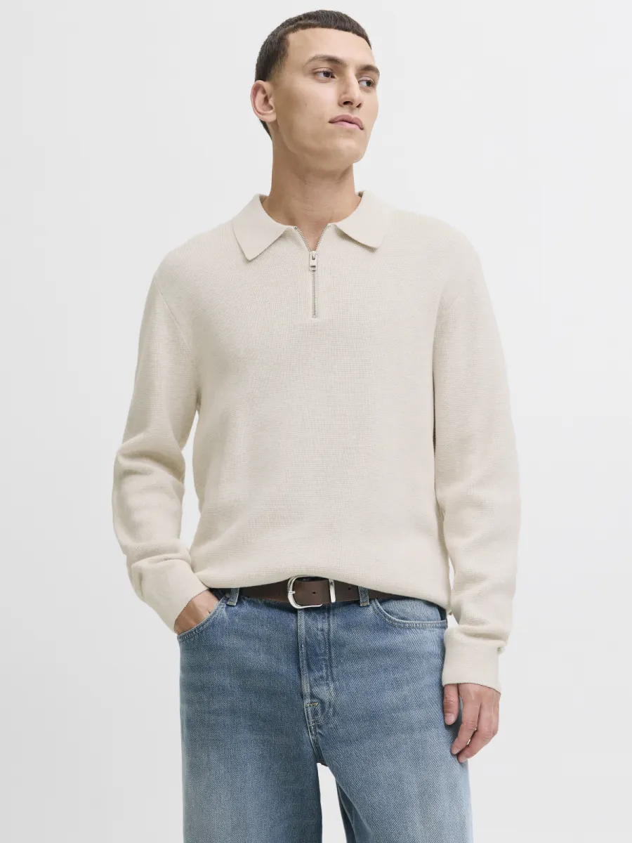 JACK & JONES-JPRBLAMILANO STITCH KNIT ZIP POLO S-12281743-Cloud dancer-CREME