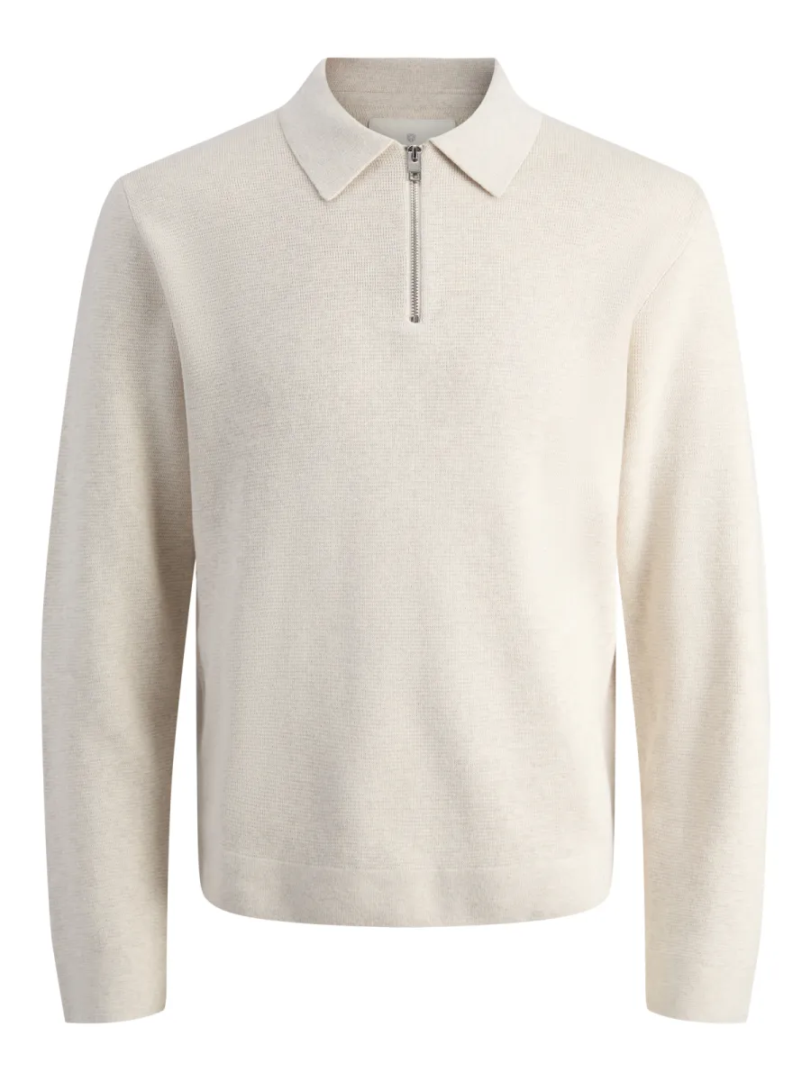 JACK & JONES-JPRBLAMILANO STITCH KNIT ZIP POLO S-12281743-Cloud dancer-CREME