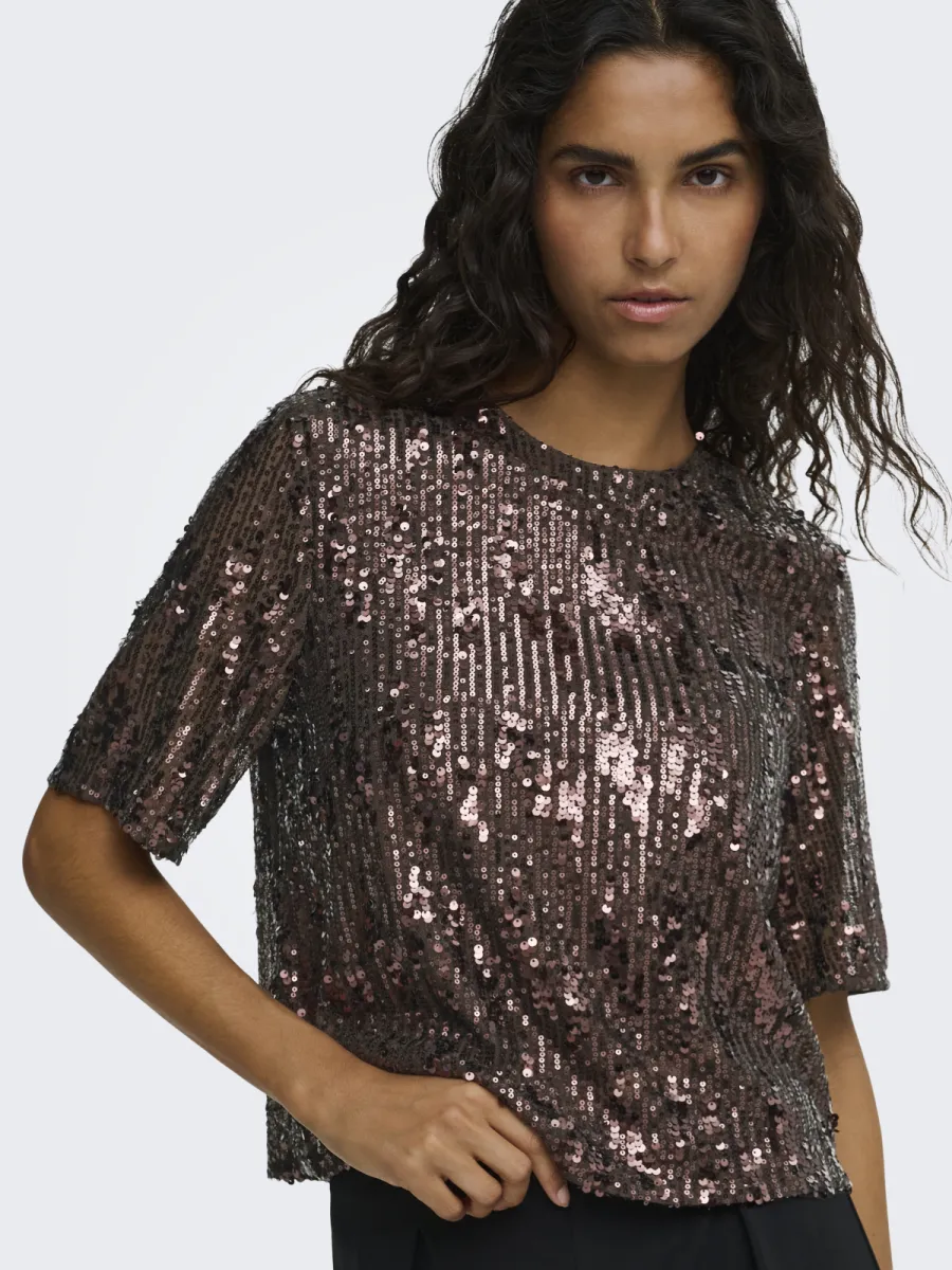JDY-JDYLOLA 2/4 SEQUIN TOP JRS-15382815-Rum Raisin-DONKER ROOD