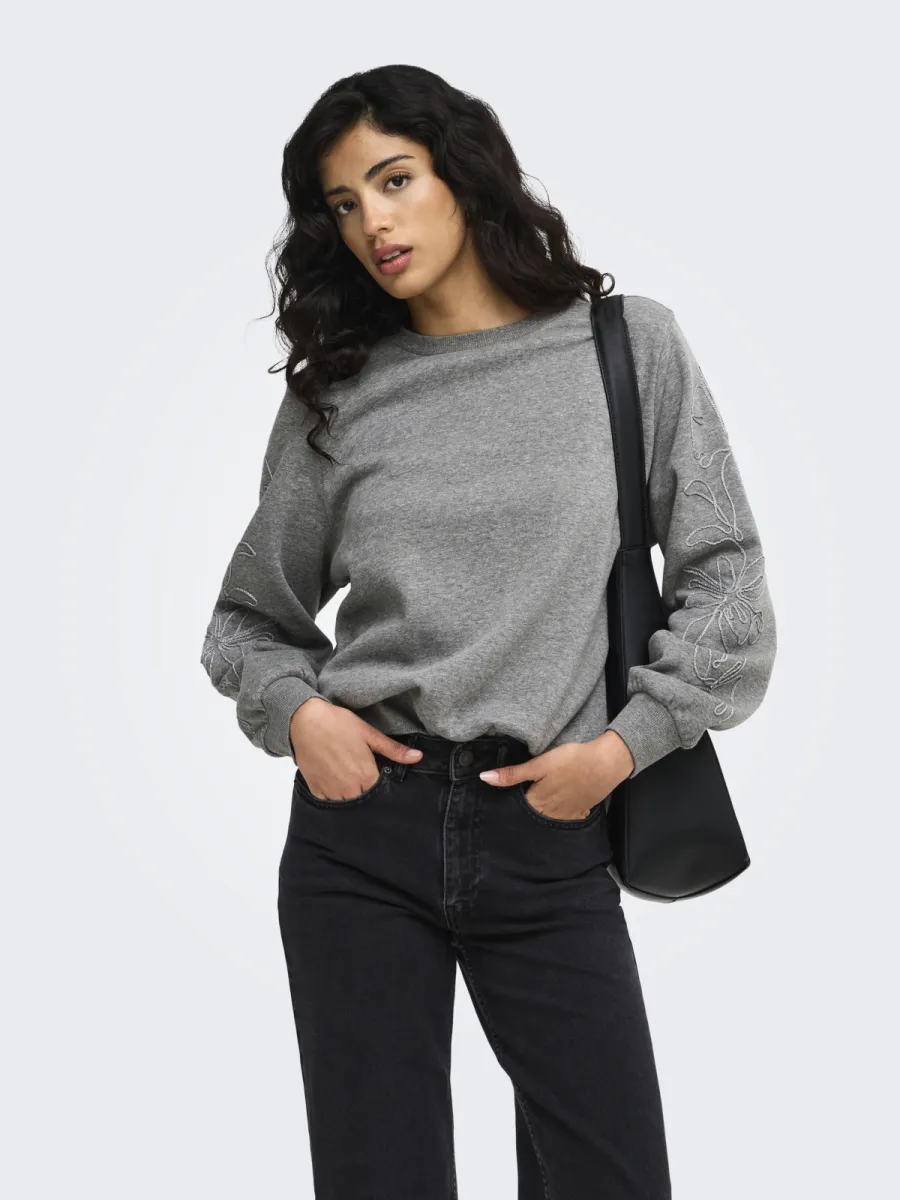 JDY-JDYMESA MINDY L/S EMB SWEAT JRS-15376644-Medium Grey Melange-GRIJS COMBINATIES