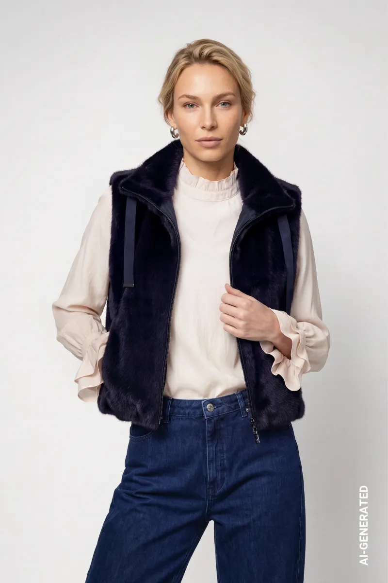 Monari-Faux fur vest-810143-790 Dark blue-DONKER BLAUW