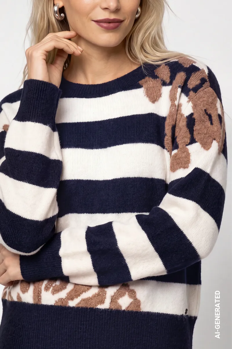 Monari-Knitted jumper with a mix of patterns-810320-792 Dark blue pattern-DONKER BLAUW