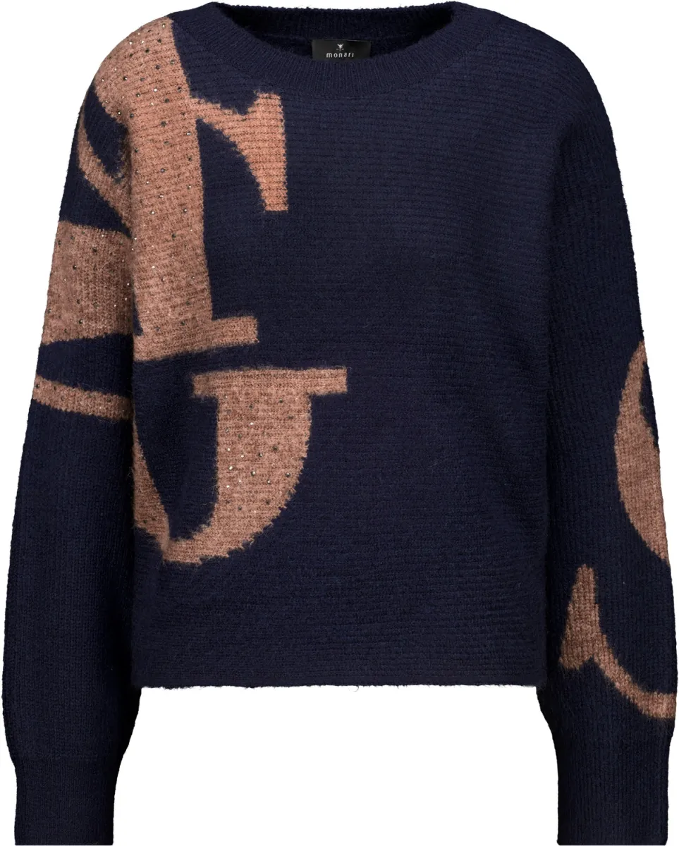Monari-Knitted jumper with letter intarsia pattern-810330-790 Dark blue-DONKER BLAUW