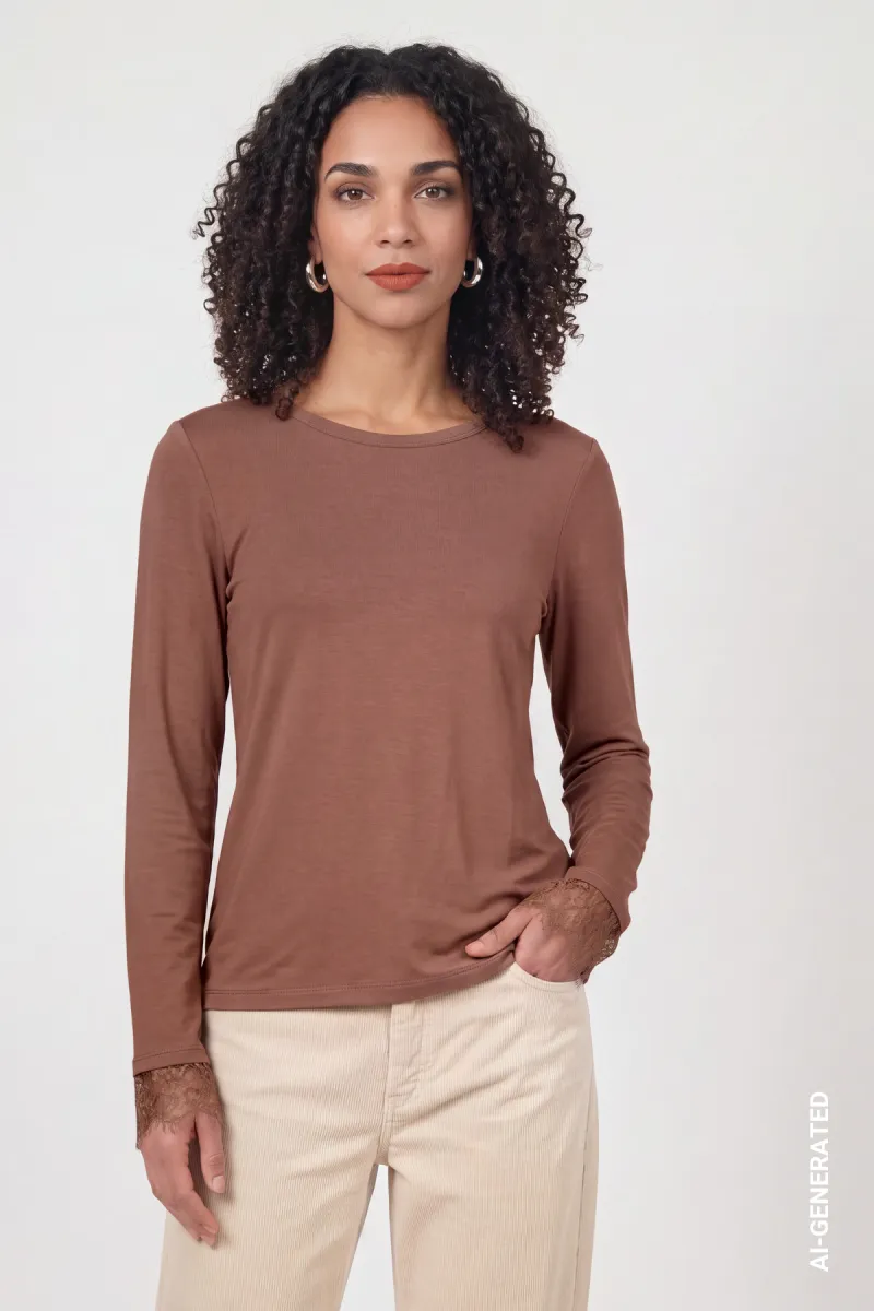 Monari-Long-sleeve shirt with lace-810541-552 Tiramisu-BRUIN