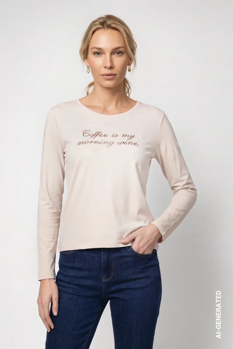 Monari-Long-sleeve shirt with rhinestone lettering-810472-163 Creme brulee-BEIGE
