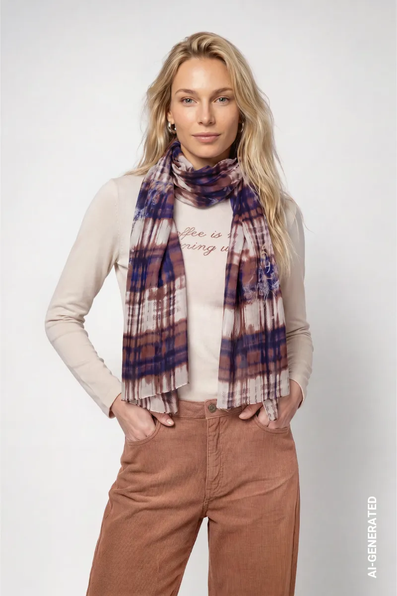 Monari-Scarf with plaid pattern-810265-554 Tiramisu pattern-BRUIN