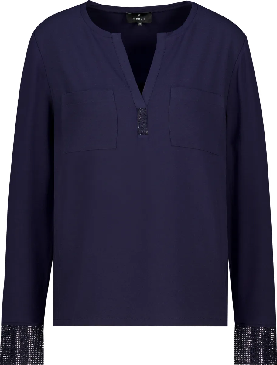 Monari-Shirt blouse with rhinestones-810493-790 Dark blue-DONKER BLAUW