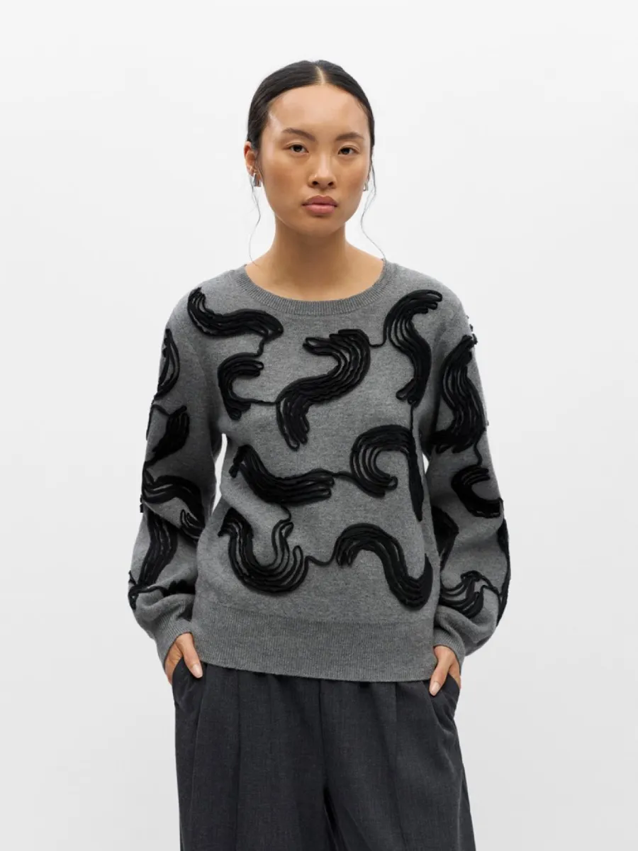 OBJECT-OBJFARAH L/S RE KNIT PULLOVER 147 N-23050203-Medium Grey Melange-GRIJS COMBINATIES