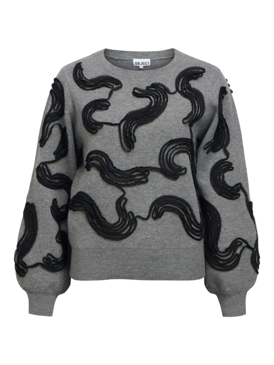 OBJECT-OBJFARAH L/S RE KNIT PULLOVER 147 N-23050203-Medium Grey Melange-GRIJS COMBINATIES