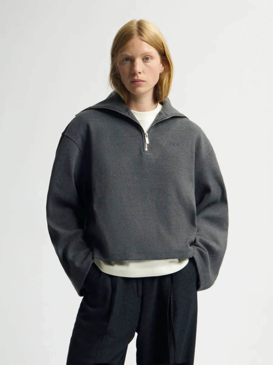 Olaf-Half zip rib sweat-W270200-Charcoal-DONKER GRIJS/GRAFIET