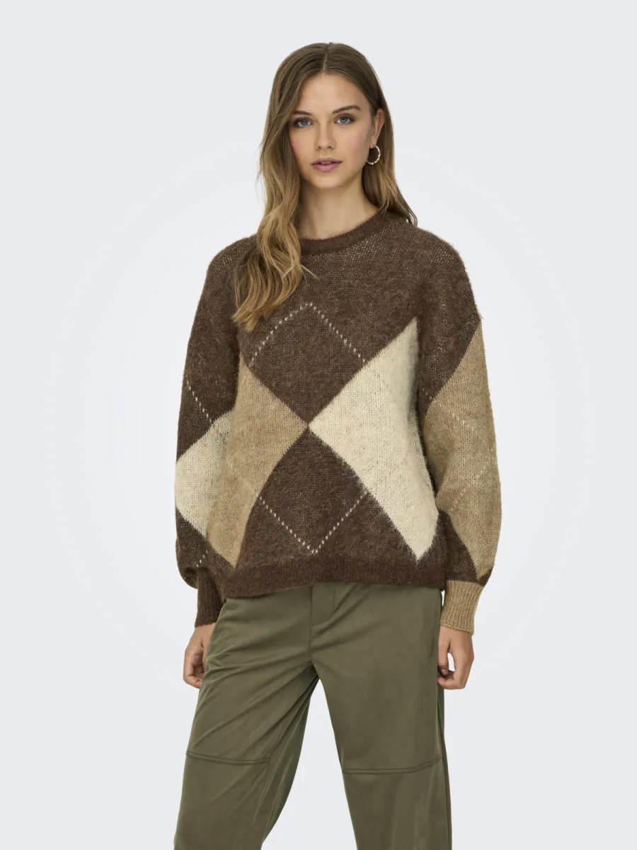 ONLY-ONLNOEME LIFE LS JQ O-NECK KNT-15353226-Chestnut Cocoa-BRUIN COMBINATIES
