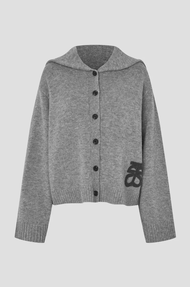 Second Female-61184-Alpha Knit Collar Cardigan-7045 Mid Grey Melange-GRIJS MELEE