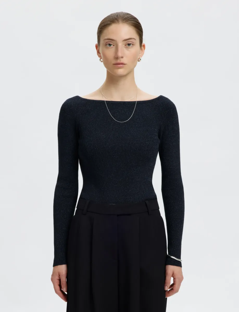 Selected Femme-SLWLURA LS KNIT BOAT NECK-16102755-Dark Sapphire-BLAUW