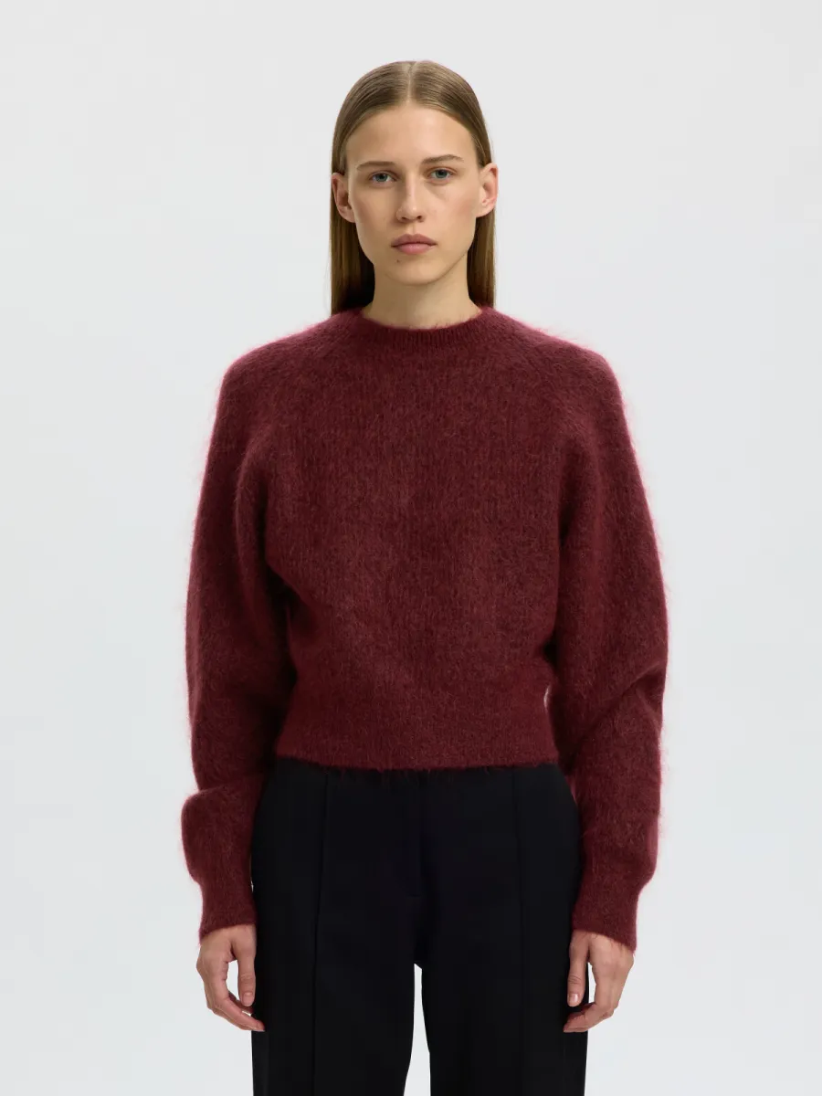 Selected Femme-SLWMIRA LS KNIT SHORT O-NECK NOOS-16102233-Tawny Port-BRUIN