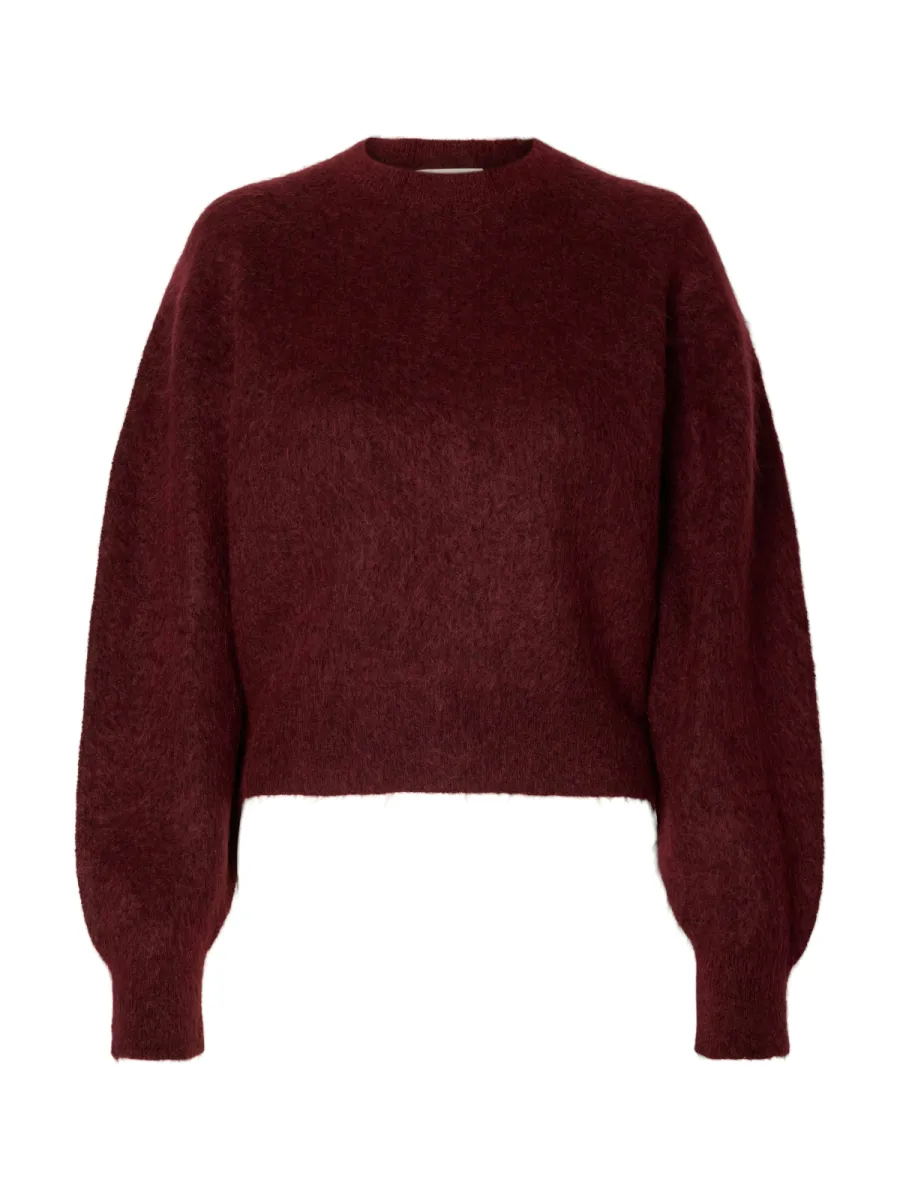 Selected Femme-SLWMIRA LS KNIT SHORT O-NECK NOOS-16102233-Tawny Port-BRUIN
