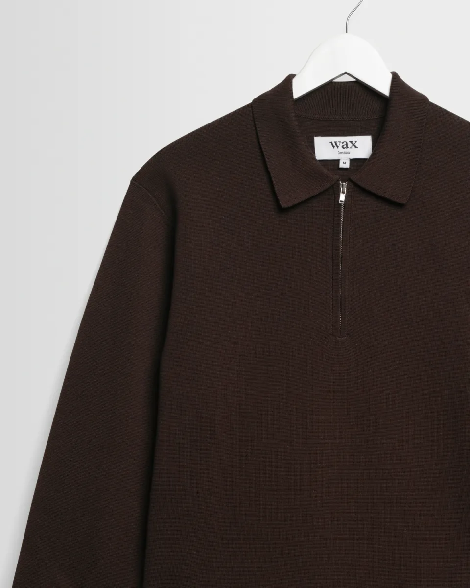 wax-london-maley-l-s-zip-polo-dark-brown-donker-bruin-1 Wax London--Maley L/S zip polo-Dark brown-DONKER BRUIN