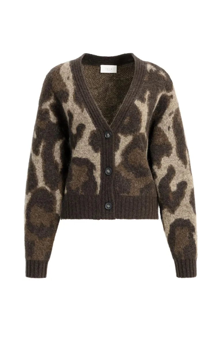 YAYA-Knitted Cardigan with Pattern and Batwing Sleeves-01-010182-610-911191-BRUIN