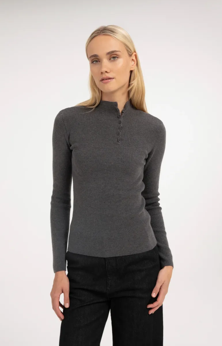 YAYA-Ribbed Turtleneck Sweater with Button Detail-01-000660-610-93900-GRIJS