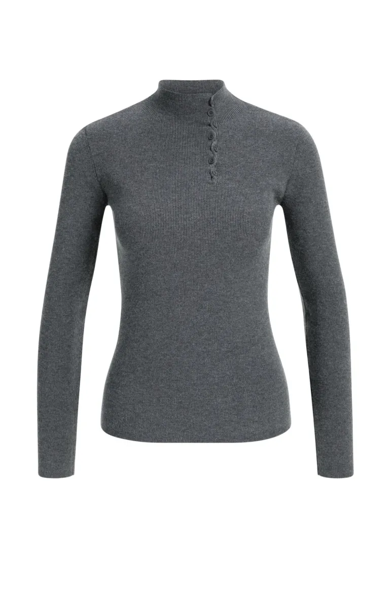 YAYA-Ribbed Turtleneck Sweater with Button Detail-01-000660-610-93900-GRIJS